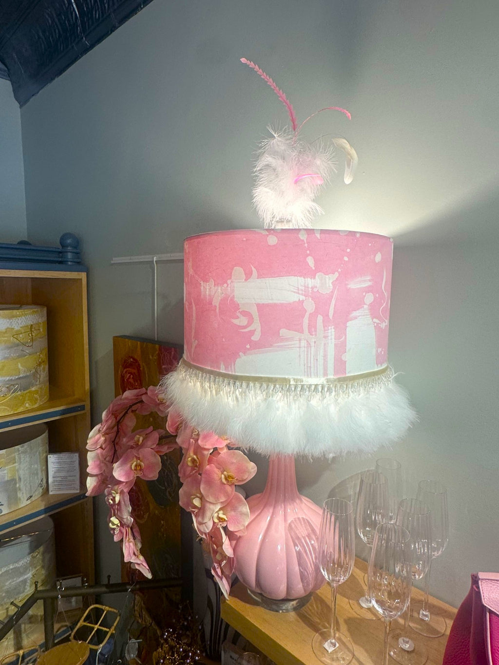 Hand-Painted Lamp Shade w/ Marabou & Crystal Trim 15"