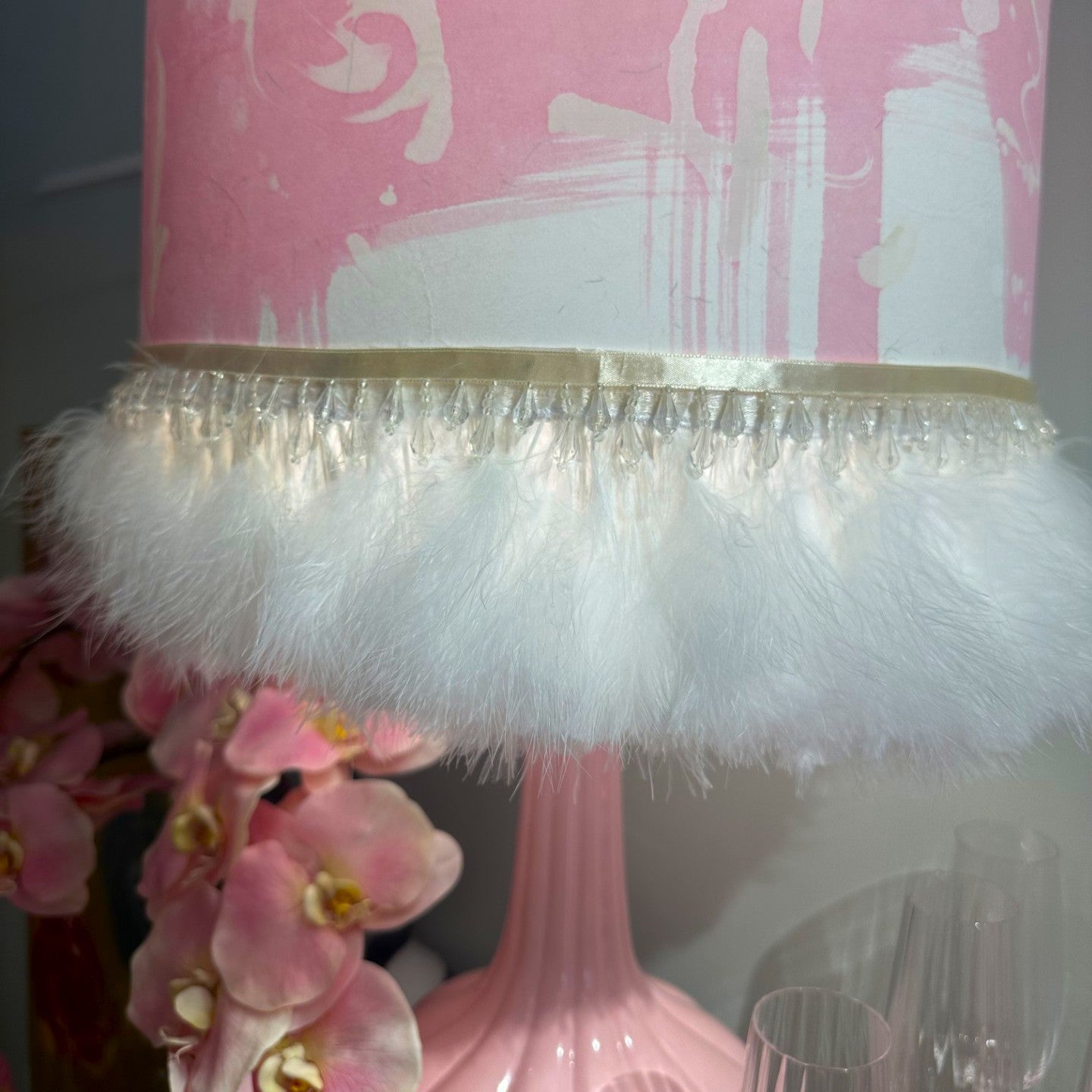 Hand-Painted Lamp Shade w/ Marabou & Crystal Trim 15"