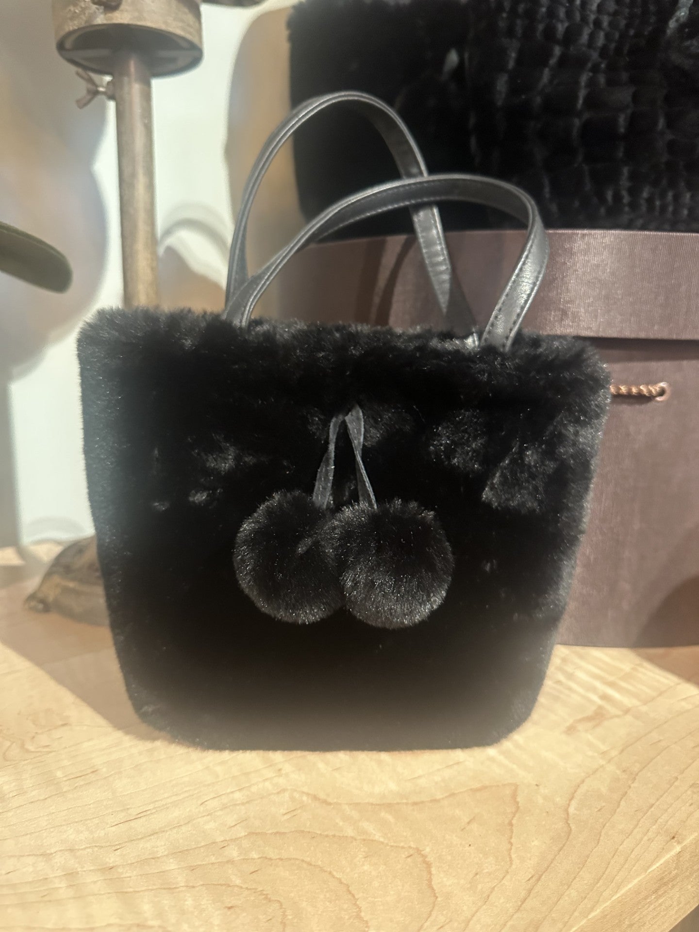 Plush Pom Mini Tote | Black Faux Fur