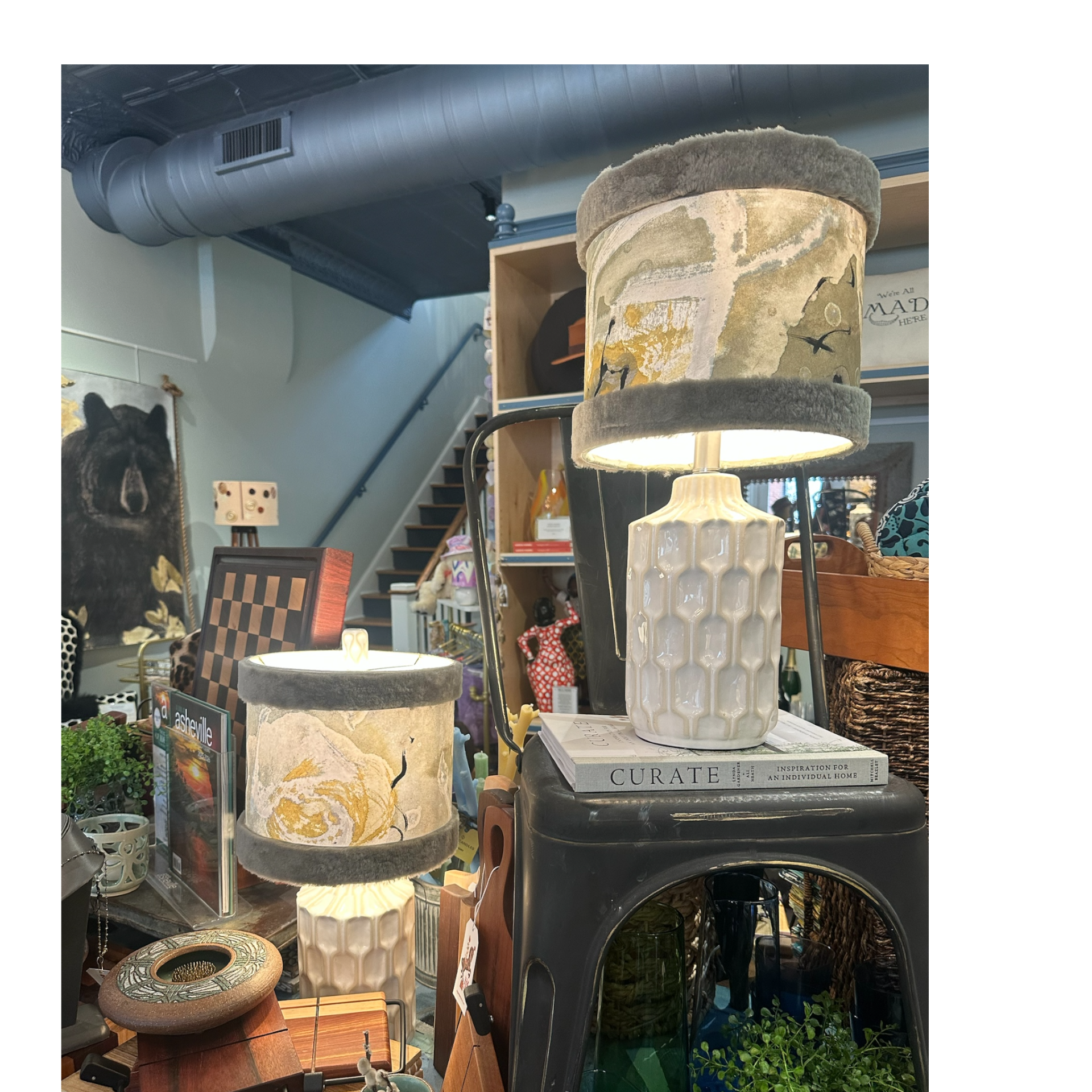 Hand-Painted Lamp Shade w/ Shearling Trim 10"