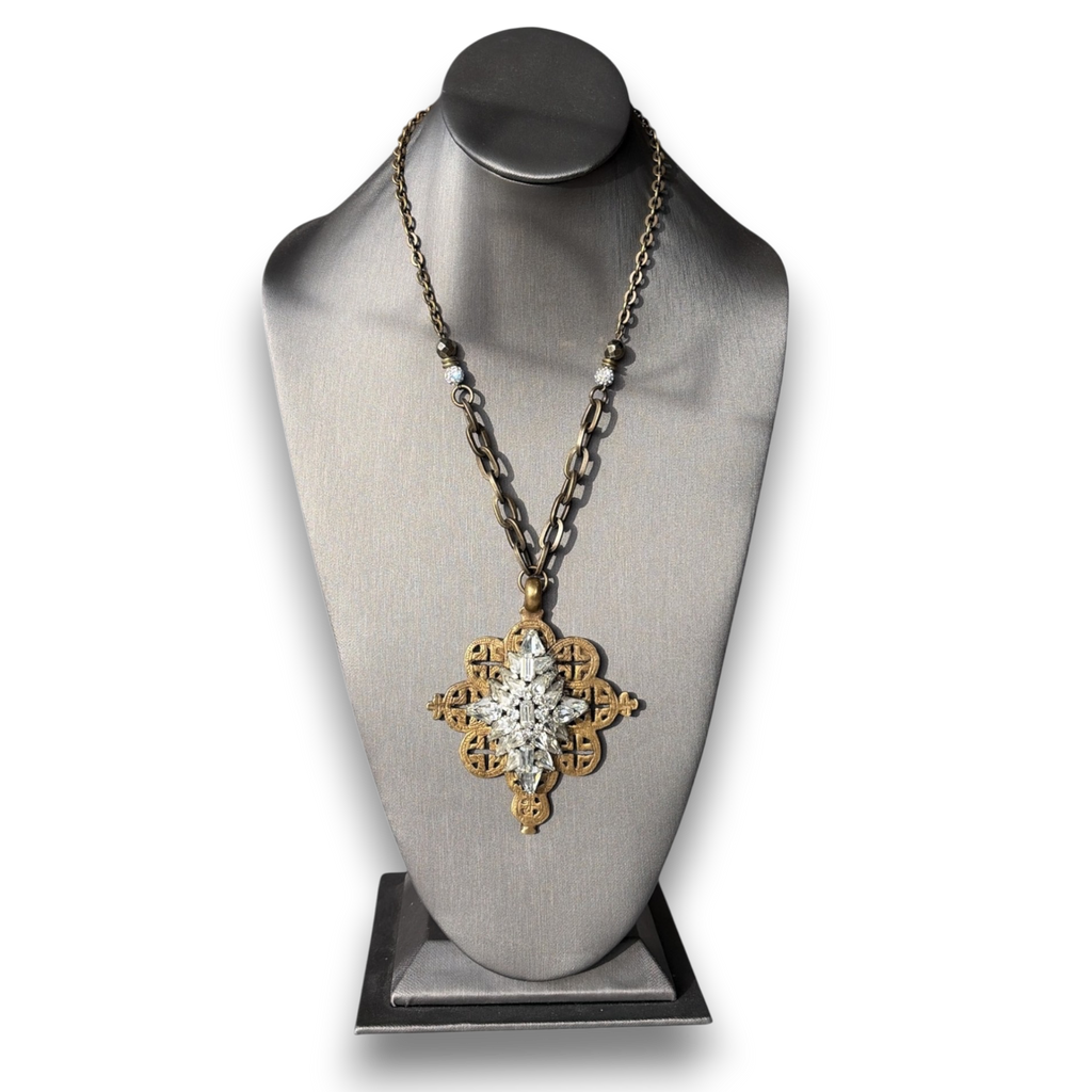 Tibetan Brass Cross | Antique Rhinestone Brooch Pendant | 28"