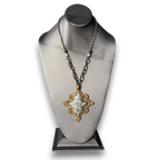 Tibetan Brass Cross | Antique Rhinestone Brooch Pendant | 28"