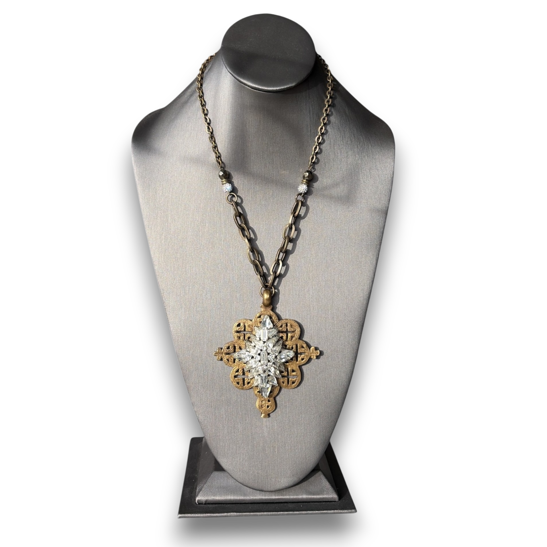 Tibetan Brass Cross | Antique Rhinestone Brooch Pendant | 28"