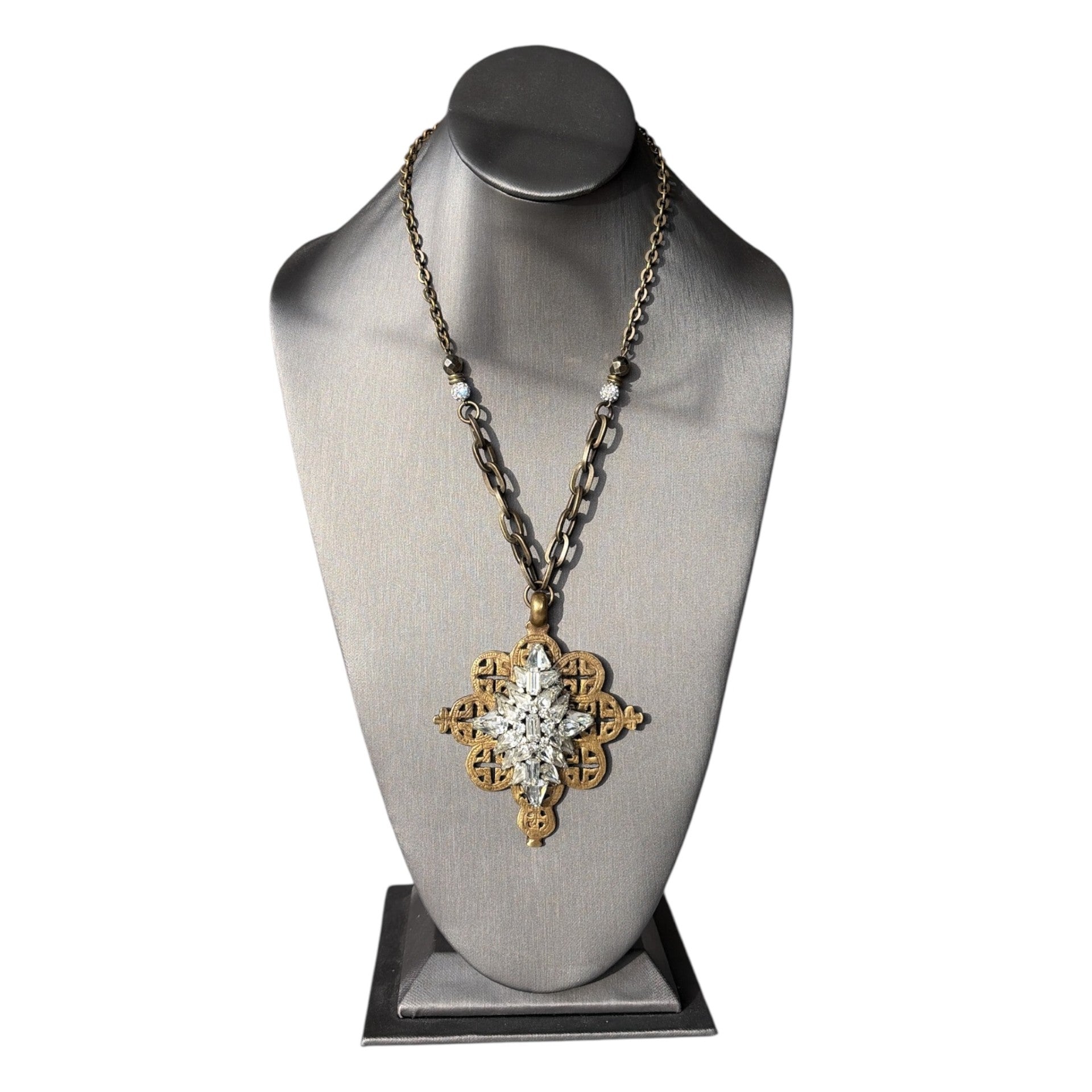 Tibetan Brass Cross w/ Antique Rhinestone Brooch Pendant