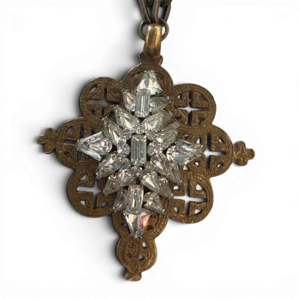 Tibetan Brass Cross | Antique Rhinestone Brooch Pendant | 28"