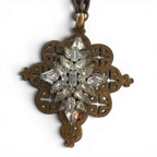 Tibetan Brass Cross | Antique Rhinestone Brooch Pendant | 28"