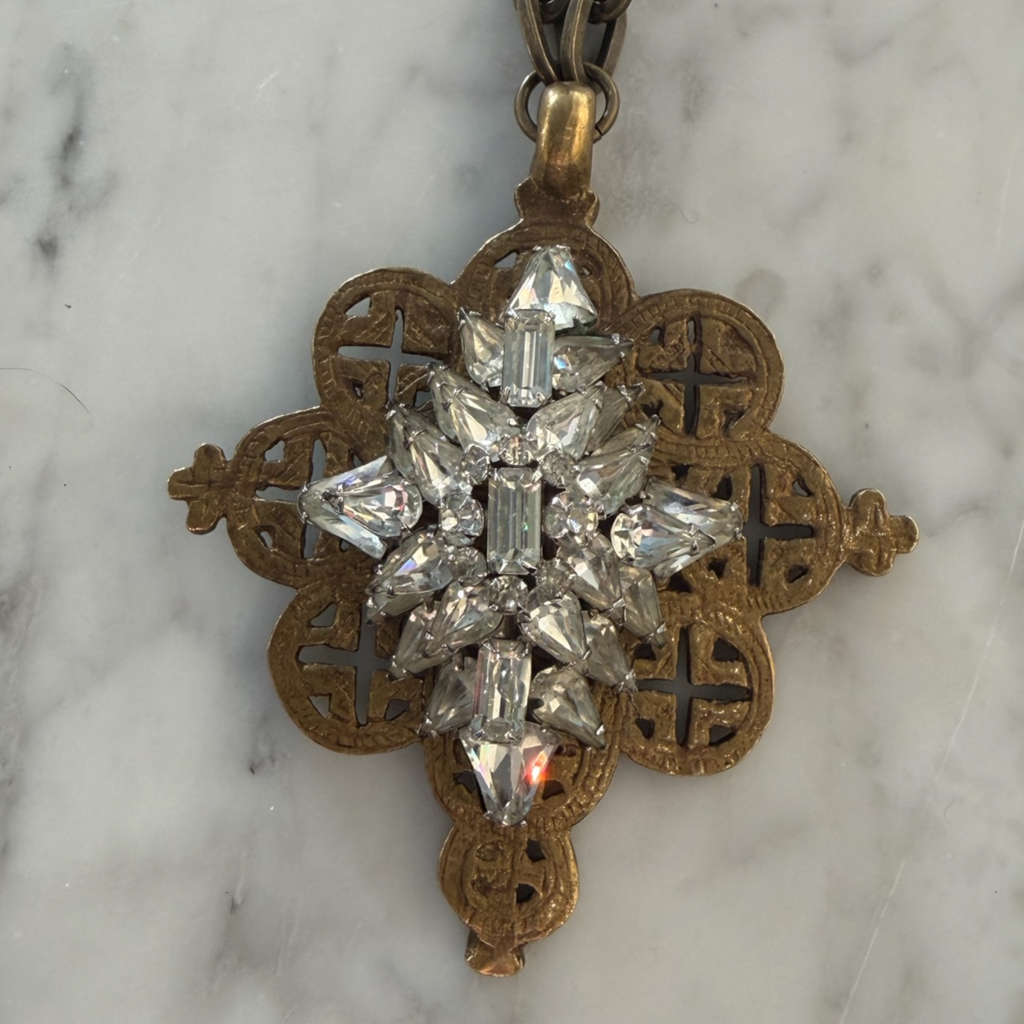 Tibetan Brass Cross w/ Antique Rhinestone Brooch Pendant