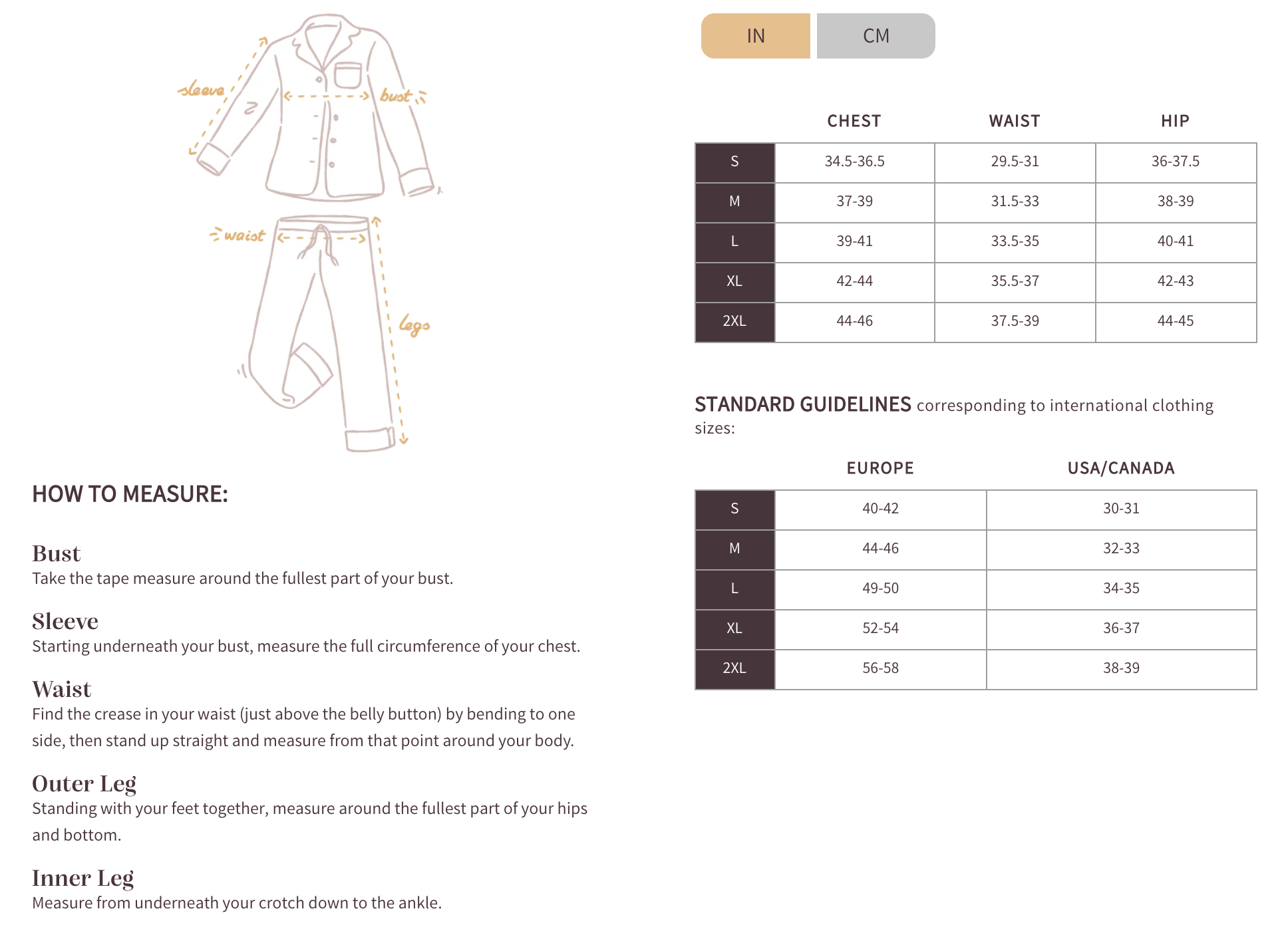 Averie Male Pajamas Size guide
